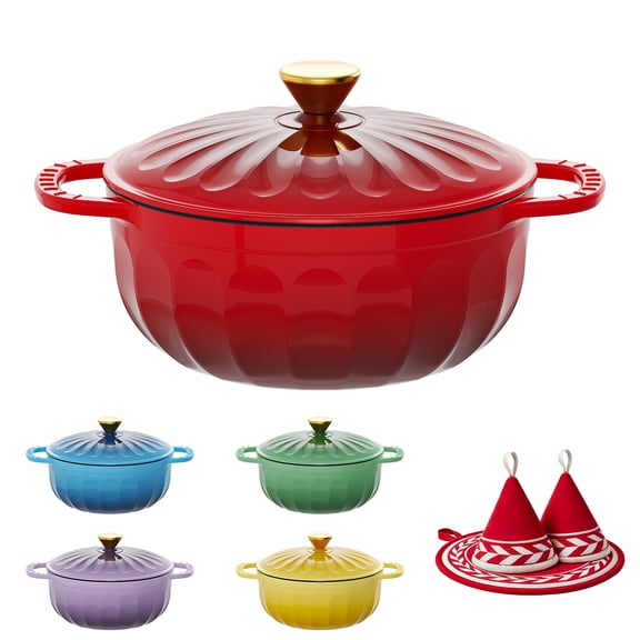 Ktaxon 5QT Enameled Cast Iron Dutch Oven with Upgraded Textured Handles, Petal-Shaped Design, Induction Compatible, Oven Safe to 500°F, Cherry Red