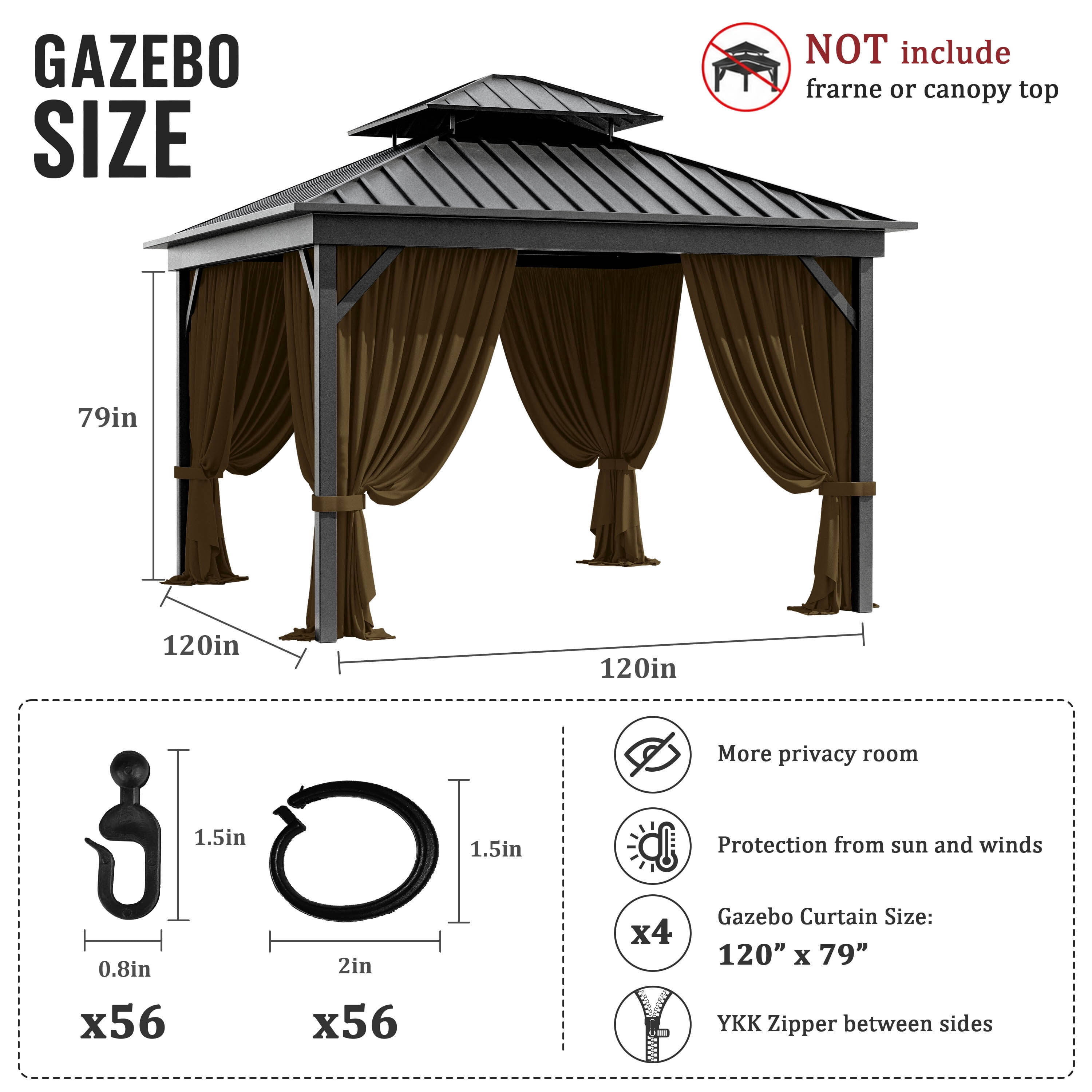 Pakunoda 10' X 6.5' Gazebo Universal Replacement Privacy 4-Panel Curtains, Waterproof Outdoor Curtains Chococlate Sidewall with Zipper for Patio Garden Backyard 10' X 10' Gazebo, Curtain Only
