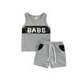 thumbnail image 1 of TSEXIEFOOFU Baby Shorts Set Letter Camouflage Print Round Neck Sleeveless Tank Tops + High Waist Stretch Shorts Set, 1 of 8