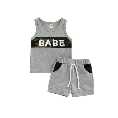 

Canrulo Infant Baby Boys 2pcs Clothes Babe Camouflage Printed Sleeveless Vest Tops Elastic Shorts Sets Gray 12-18 Months