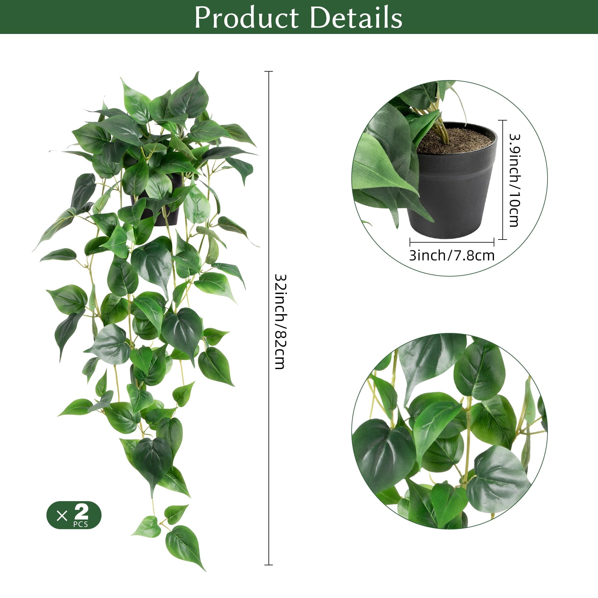 Fake Hanging Plants with Pots - Realistic Artificial Plant for Indoor Outdoor, 33In Silk Fake Potted Plants, 2PC Faux Ivy Vine for Shelf Tabletop Office Decor, Dark Green