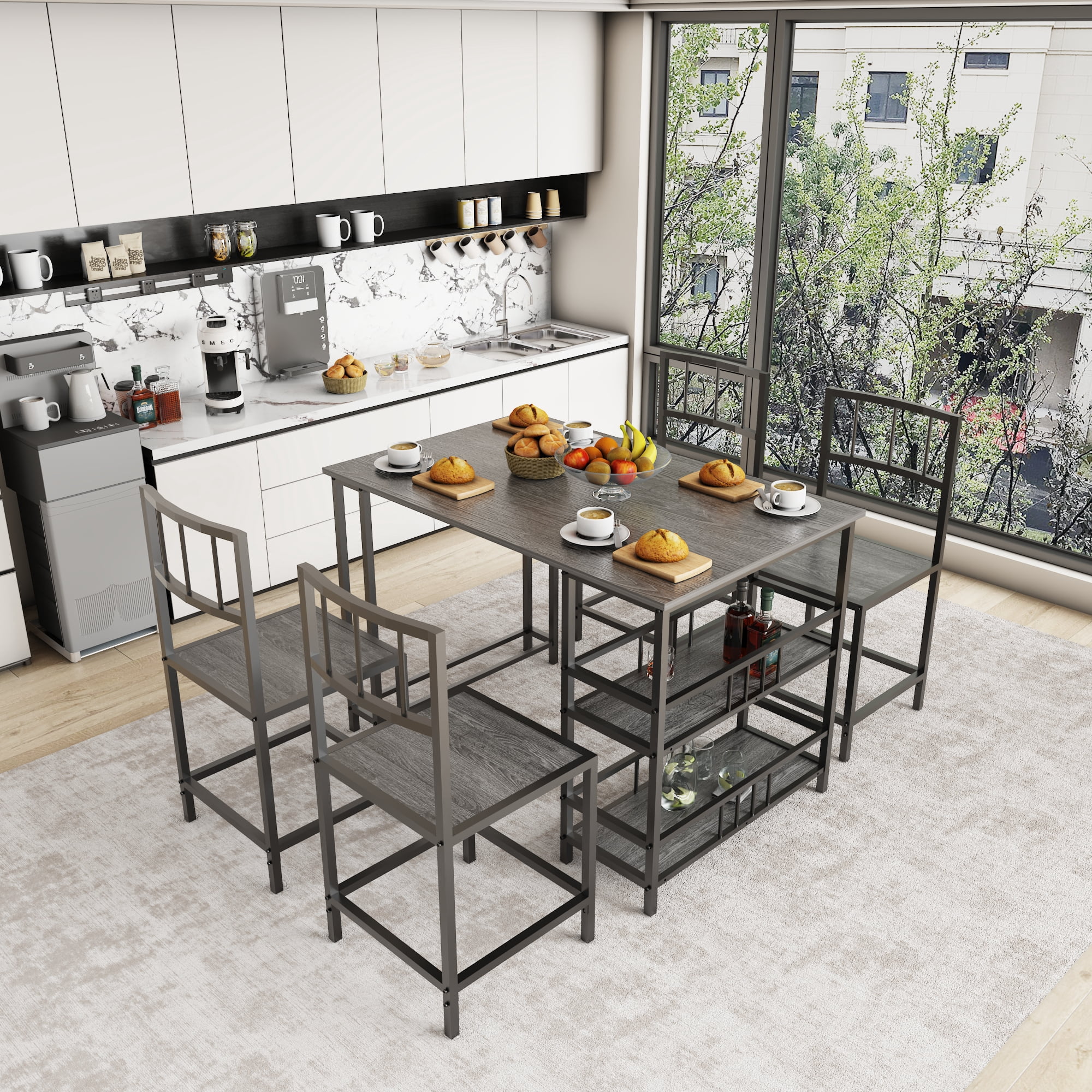 HOQBN 5 Piece Dining Table Set with 4 Chairs and 2-Tier Side Storage Shelves,Industrial Kitchen Table Wood Grain Metal Frame Dinner Furniture for Small Apartment Dining Room,Charcoal grey