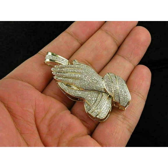 1.80Ct Round Brilliant Cut Diamond Praying Hands Pendant 14K Yellow Gold Finish Silver
