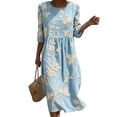 thumbnail image 2 of Ayolanni Fall Dresses for Women Floral Crew Neck 3/4 Sleeve A-Line Maxi Dress Holiday Pleated Flowy Boho Long Dress Blue L, 2 of 6