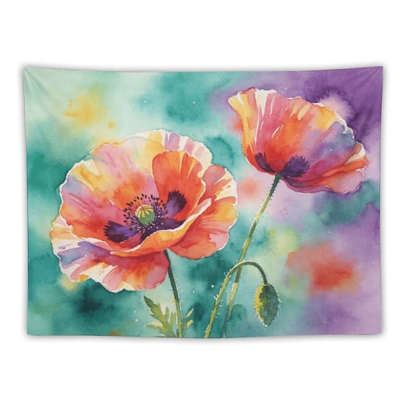 Watercolor Poppy Flower Tapestry, Vibrant Floral Wall Hanging for Bedroom, Living Room, 40x30in