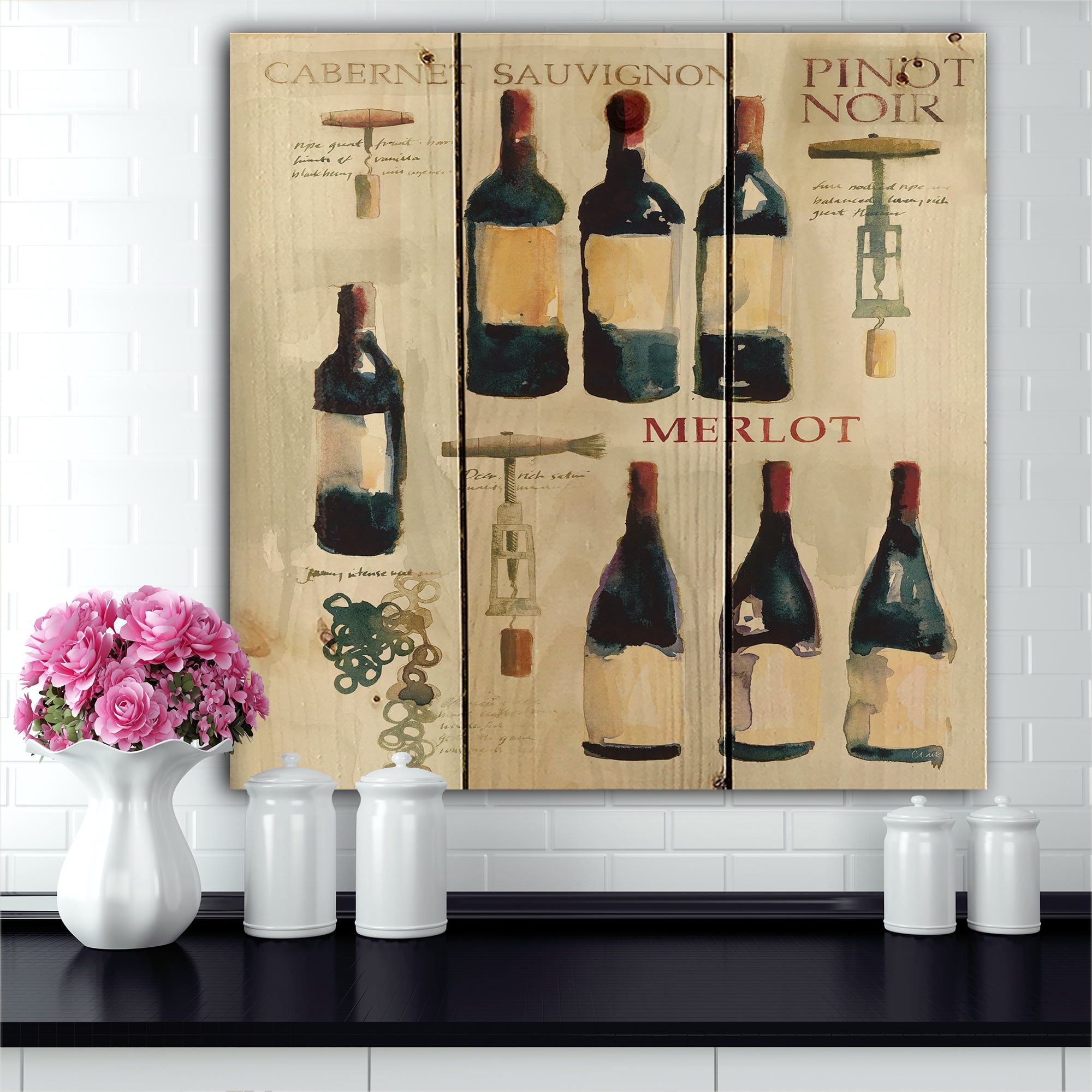 Designart 'Red Sauvignon Wine Collage' Food and Beverage Print on Natural Pine Wood
