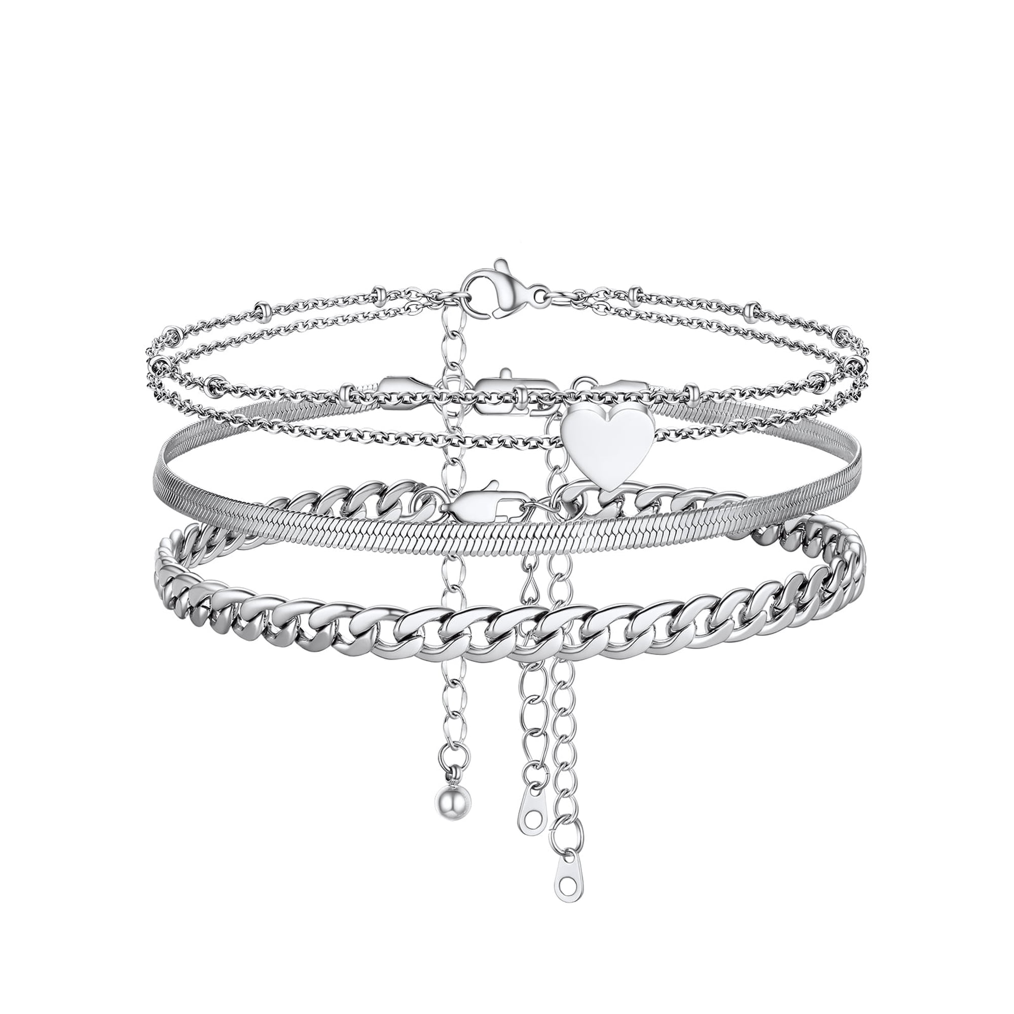 Silvora 3PCS Layered Anklets for Women Silver Stainless Steel Stackable Flat Snakle Cuban Chain Heart Ankle Bracelet Set Adjustable Foot Chain Beach Boho Jewelry Gifts for Birthday Mothers Day