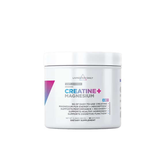 Livingood Daily Creatine   Magnesium Powder, Unflavored | 5g Micronized Creatine Monohydrate with Magnesium for Energy, Muscle Recovery & Performance | 30 Servings