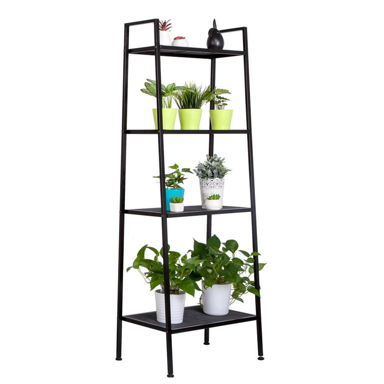 Ktaxon 4 Tier Metal Leaning Ladder Shelf Bookcase Bookshelf Storage Shelves  Unit Black