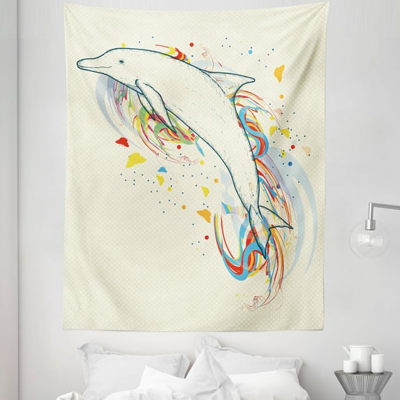 Dolphin Tapestry, Dolphin Fish with Rainbow Colors Adventure Ocean Animal Illustration, Fabric Wall Hanging Decor for Bedroom Living Room Dorm, 5 Sizes, Multicolor, by Ambesonne