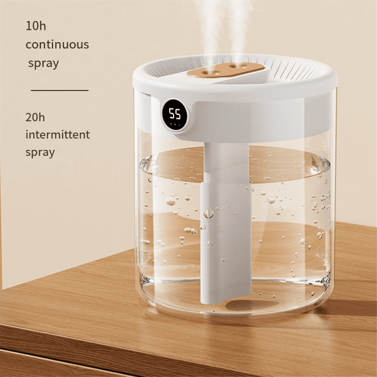 H2O Air Humidifier 2L Capacity Double Nozzle with LCD Humidity Display Essential Oil Diffuser Portable USB,White
