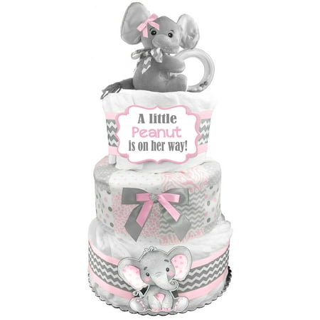Elephant 3-Tier Diaper Cake - Baby Shower Gift - Centerpiece - Newborn Gift for a Girl - Pink and