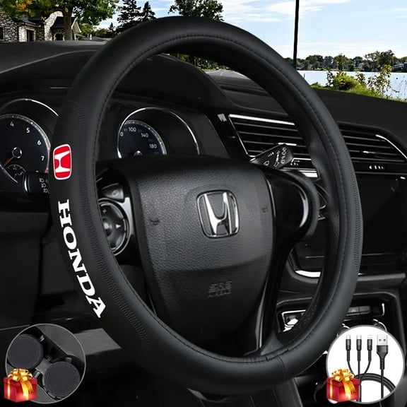 Customization Steering Wheel Cover Compatible with Honda, Black Genuine Leather Steering Wheel Cover, Anti-Slip Safety, Includes Cup Mat & 3-in-1 Charging Cable