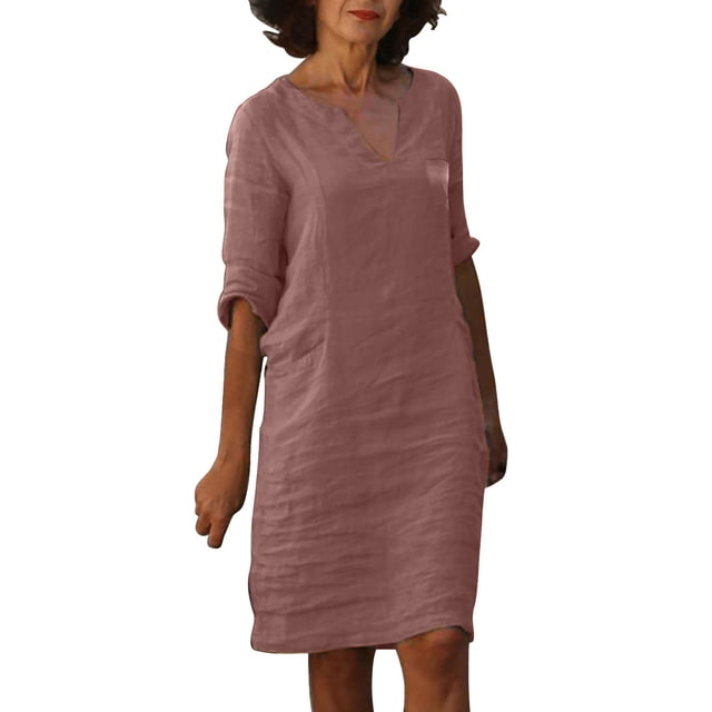 Kcodviy Robe de Cocktail Mignonne et Confortable pour Femmes, Col en V, Manches Mi-Longues, Longue, et Robe Courte Mini en Lin, Tenue de Bureau Décontractée pour Femmes, Robe