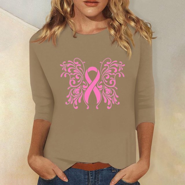 Jsaierl Hauts de Sensibilisation pour Femmes Ruban Rose T-Shirts Graphiques Cancer du Sein T-Shirts Décontractés Manches 3/4 Col Rond Pull Chemises Inspirantes