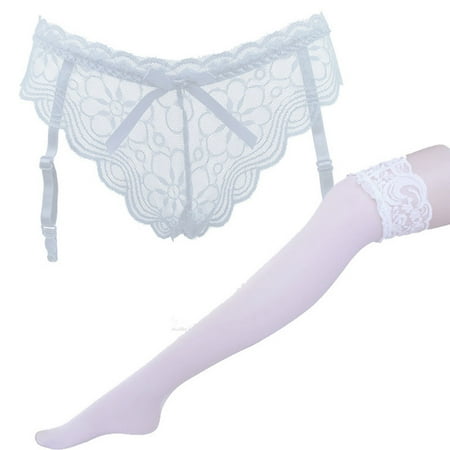 

BIZIZA Women Lace Garter Belt for Thigh High Stockings Sexy Elastic Thong Suspenders White One Size