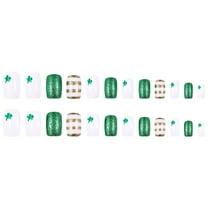 24Pcs Green Glitter French Tip Press on Nails Short Square Fake Nails Clover St. Patrick's False Nails for Women Nude Artificial Nails Full Cover Stick on Nails Glue on Nails