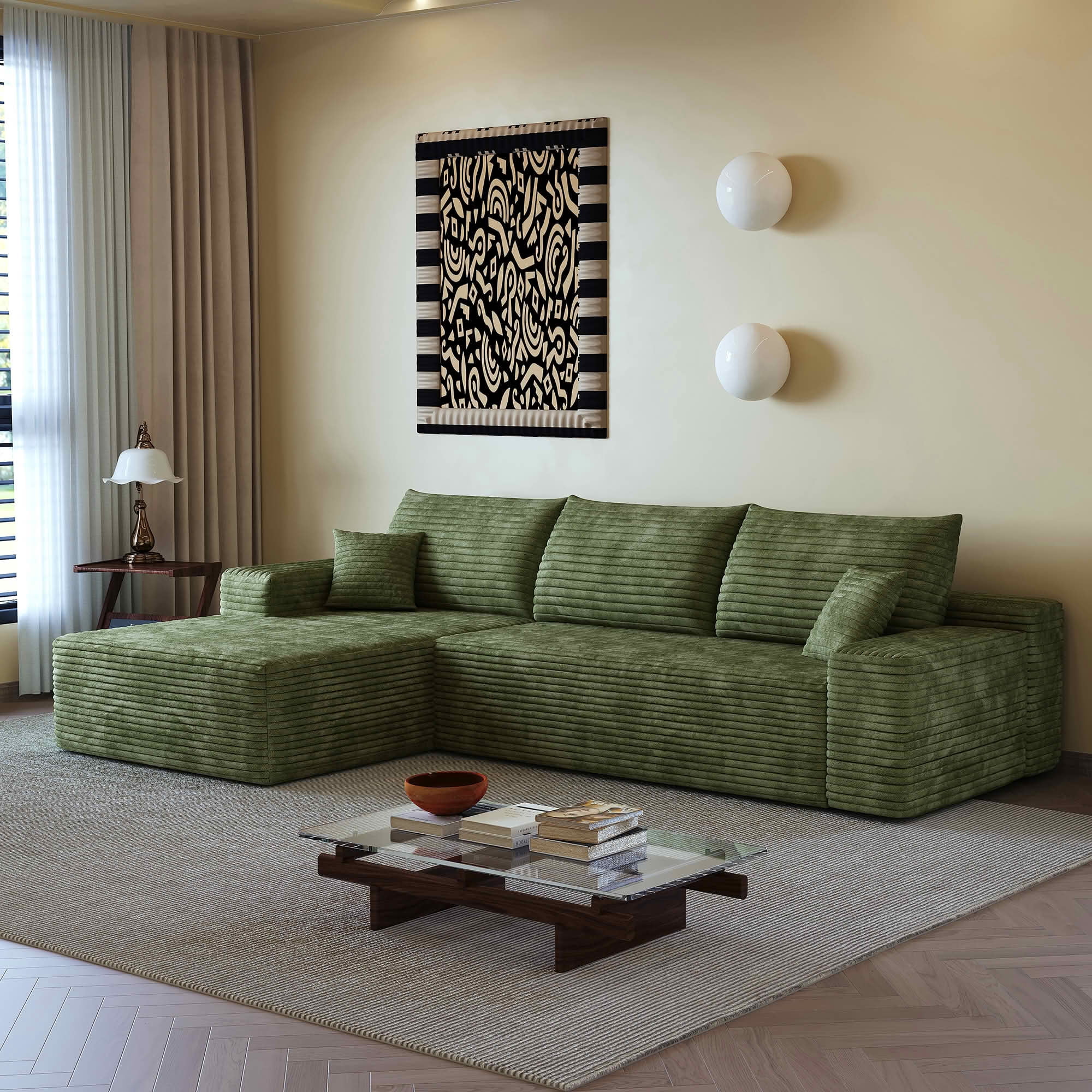 MAYEERTY 107" Cloud Sectional Couch, L-Shape Chaise Modular Sofa, Deep Seat Plush Corduroy, No Assembly, Green