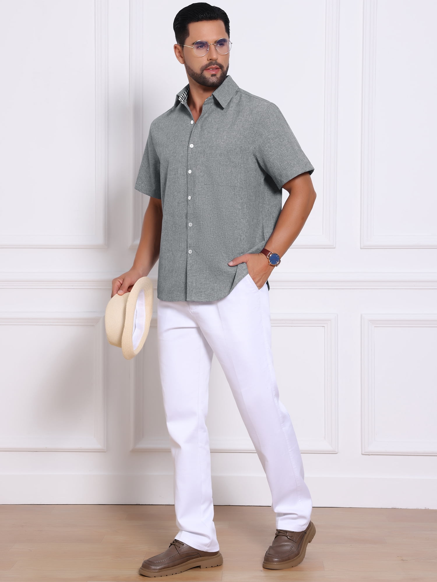 DARING DIVA Men's Plain Linen Short Sleeve Contrast Color Collar Shirts M Gray