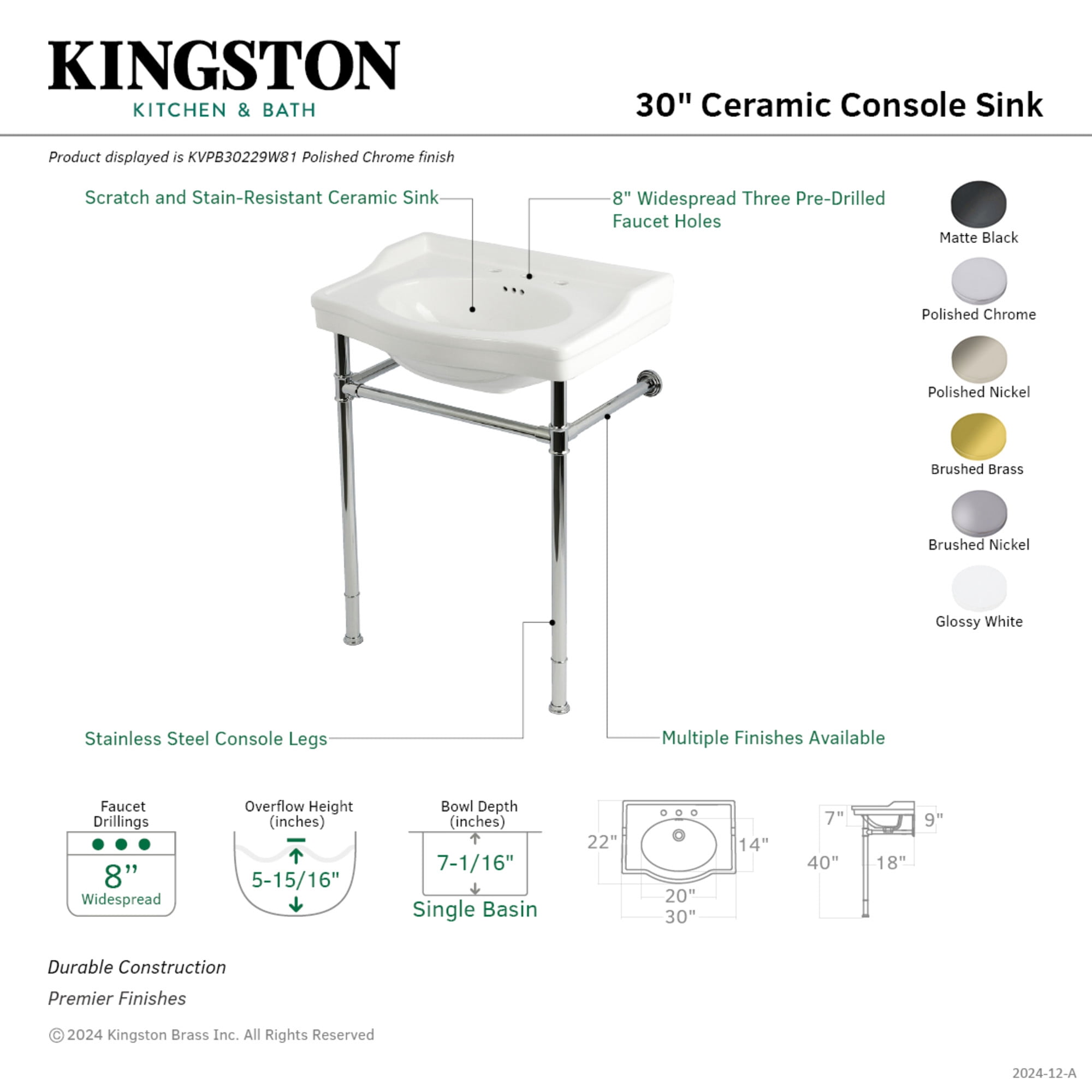 Kingston Brass KVPB30229W80 Victorian 30" Ceramic Console Sink with Stainless Steel Legs (8-Inch, 3-Hole), White/Matte Black