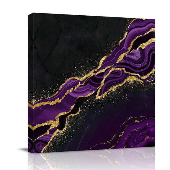 Canvas Wall Art, Marble Black Framed Canvas Prints for Bathroom Kitchen, Purple Gold Art Abstract Vintage Farmhouse Gallery Wrapped Wall Decor for Home Office, Gifts, 10"x10" Ship Next Day