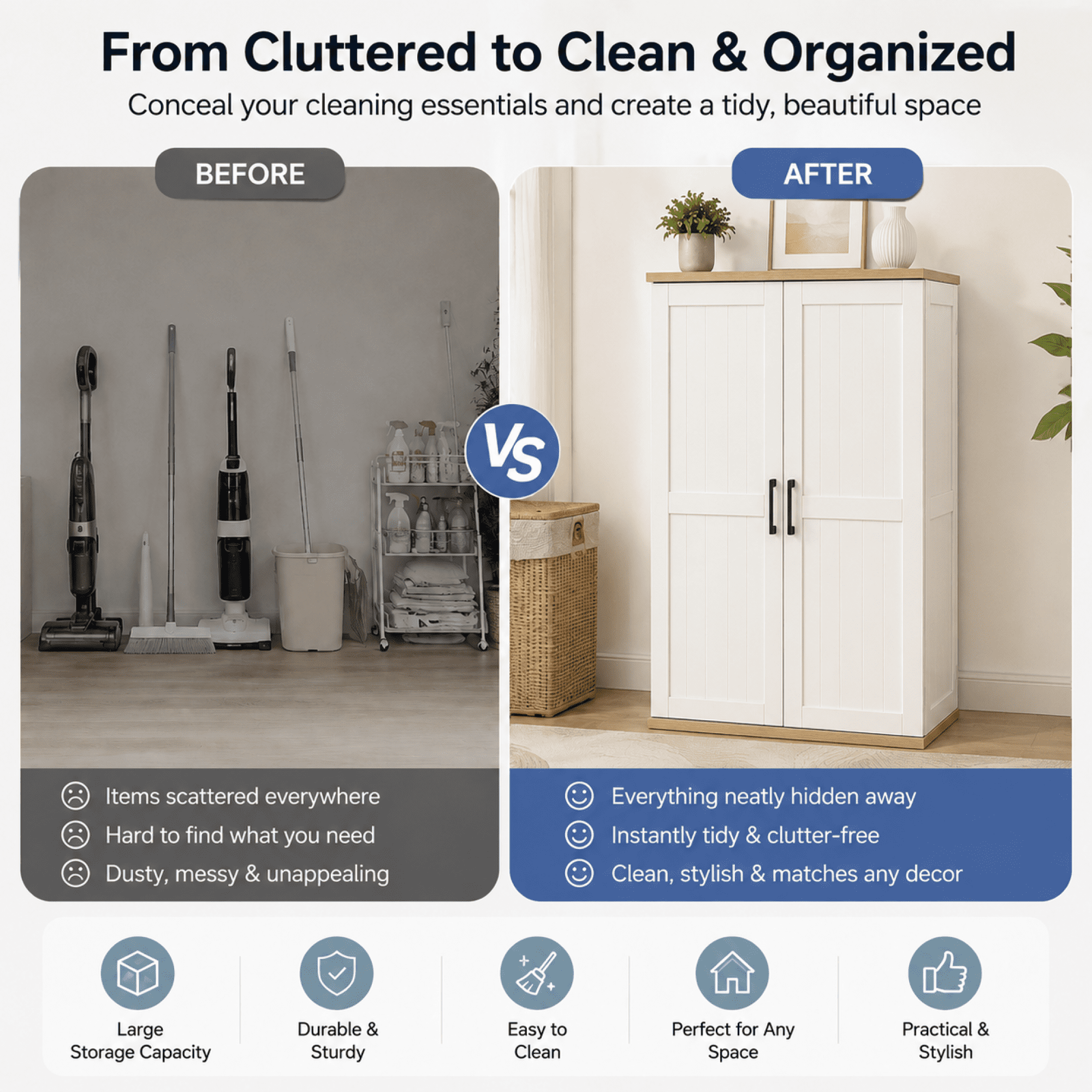 HOQBN 55.1" Tall Storage Cabinet with 2 Doors & Adjustable Shelf, Wooden Broom Closet Storage Cabinet,Cleaning Tool Cabinet for Living Room,Kitchen, Garage, Bathroom,White