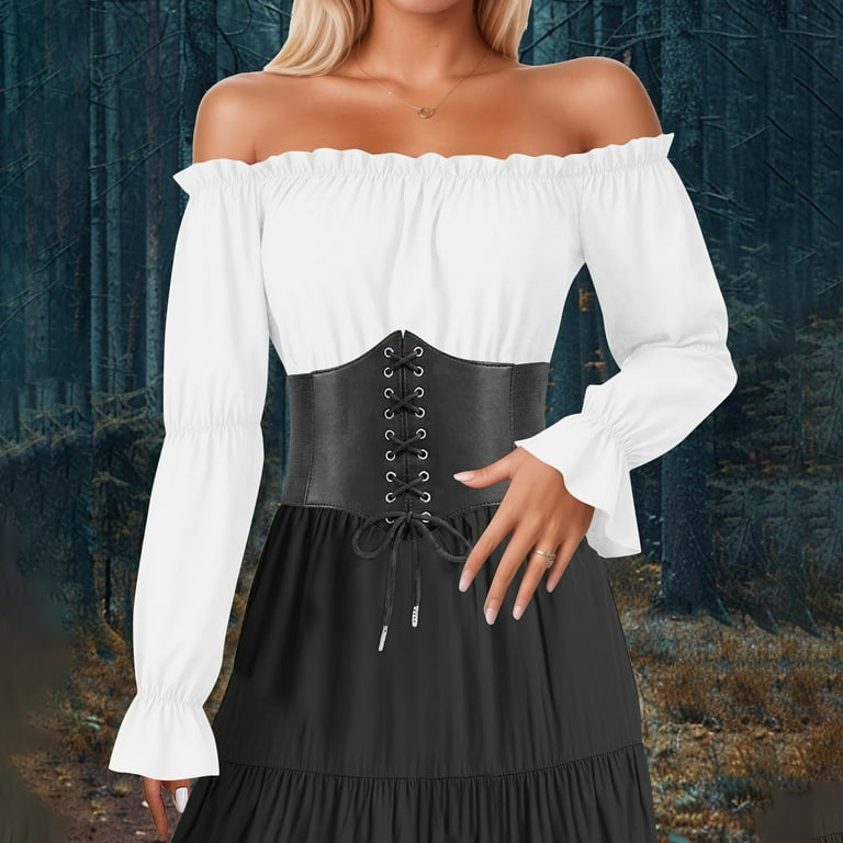 Olyvenn Women's Off Shoulder Ruffle Trim Puff Long Sleeve Tube