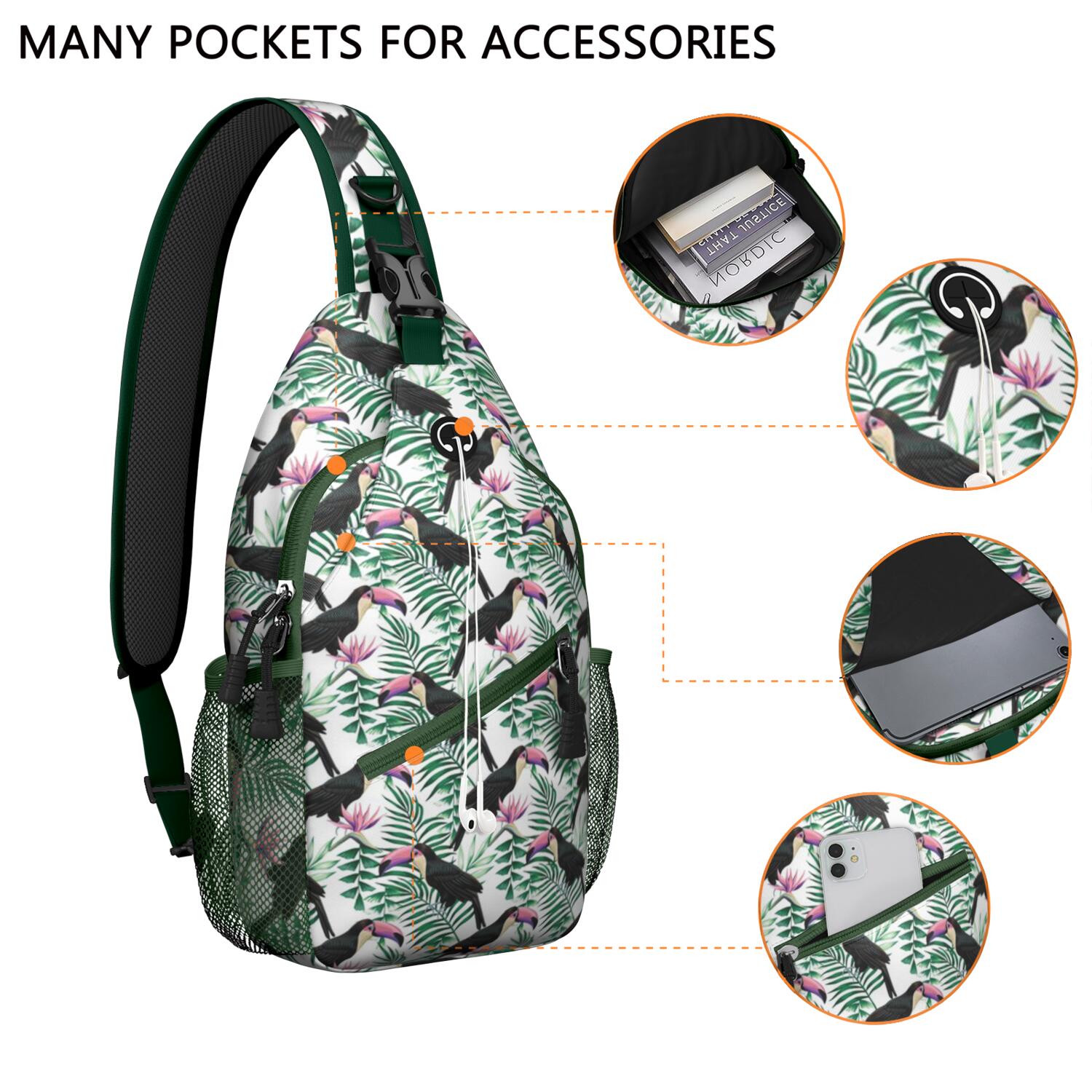 Colorful Tropical Bird Sling Backpack, Floral Hummingbird 