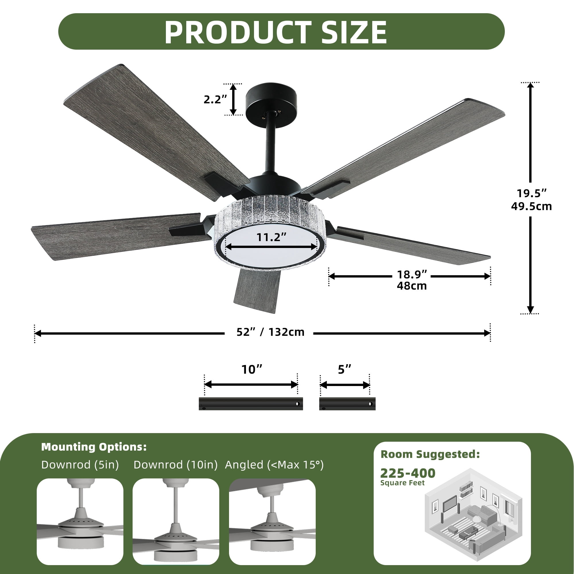 Uforic Farmhouse Ceiling Fans with Lights and Remote & App, 52 Inch Indoor Chandelier Black Ceiling Fan with Light & Compatible with Alexa