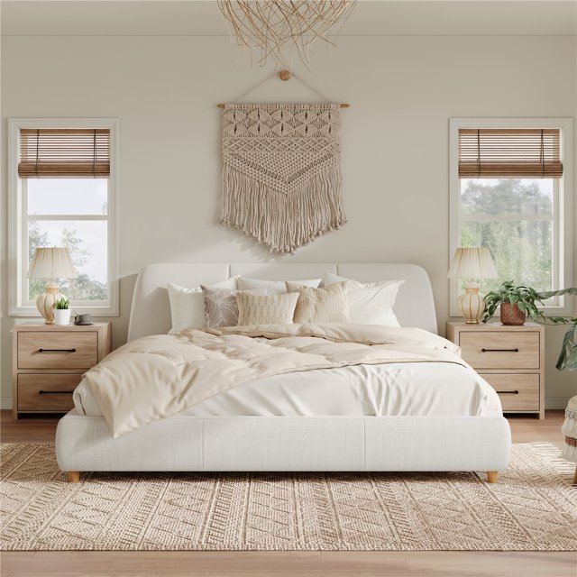 Lit Rembourré Moderne Minimaliste, Tête de Lit Douce, Tissu en Lin, Sans Rangement, Matelas Non Inclus, Beige