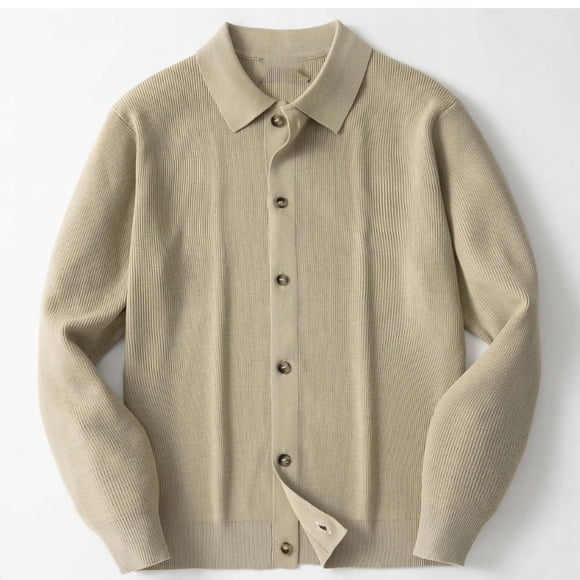 Lovzfmll Men's Casual Knit Sweater Solid Color Cardigan Sweater Jacket Casual Men's Long Sleeve Collar Top for Layered Style Khaki, L