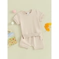 thumbnail image 3 of Bslissey Toddler Baby Girls Summer Outfits Short Solid Color Sleeve T-shirt Tops with Elastic Waist Shorts 6M 12M 18M 24M 3T Infant Casual 2Pcs Clothes Sets, 3 of 9
