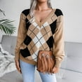 thumbnail image 2 of GBSYEWXS Women Sweater V-Neck Color Block Long Sleeve Outwear Comfortable Khaki Sweater, 2 of 9