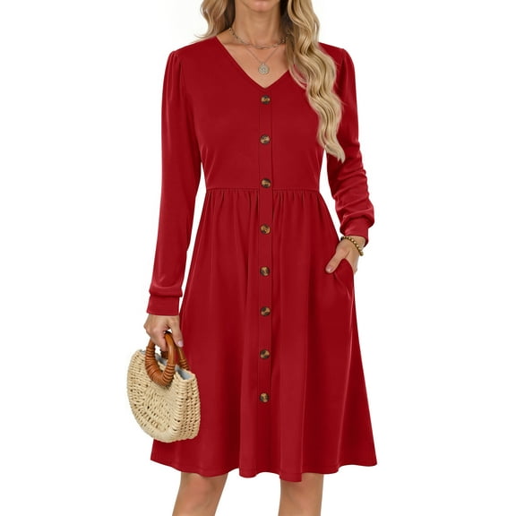 Fantaslook Long Sleeve Dresses for Women V Neck Casual Fall Dress Button Floral Midi Dresses with Pockets