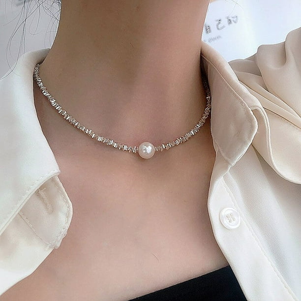 Gargantilla de plata de color opular para mujer, Collar de cadena de clavícula brillante, joyería fina, regalo de cumpleaños, fiesta de boda, 2023 P