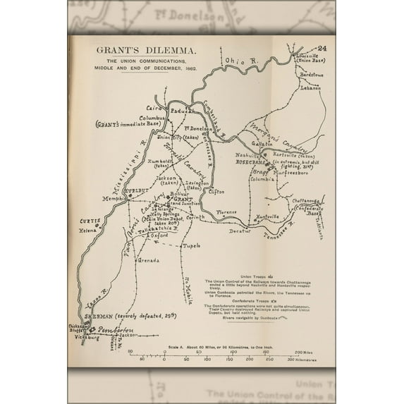 24"x36" Gallery Poster, map of general Ulysses S. Grant's dilemma 1862