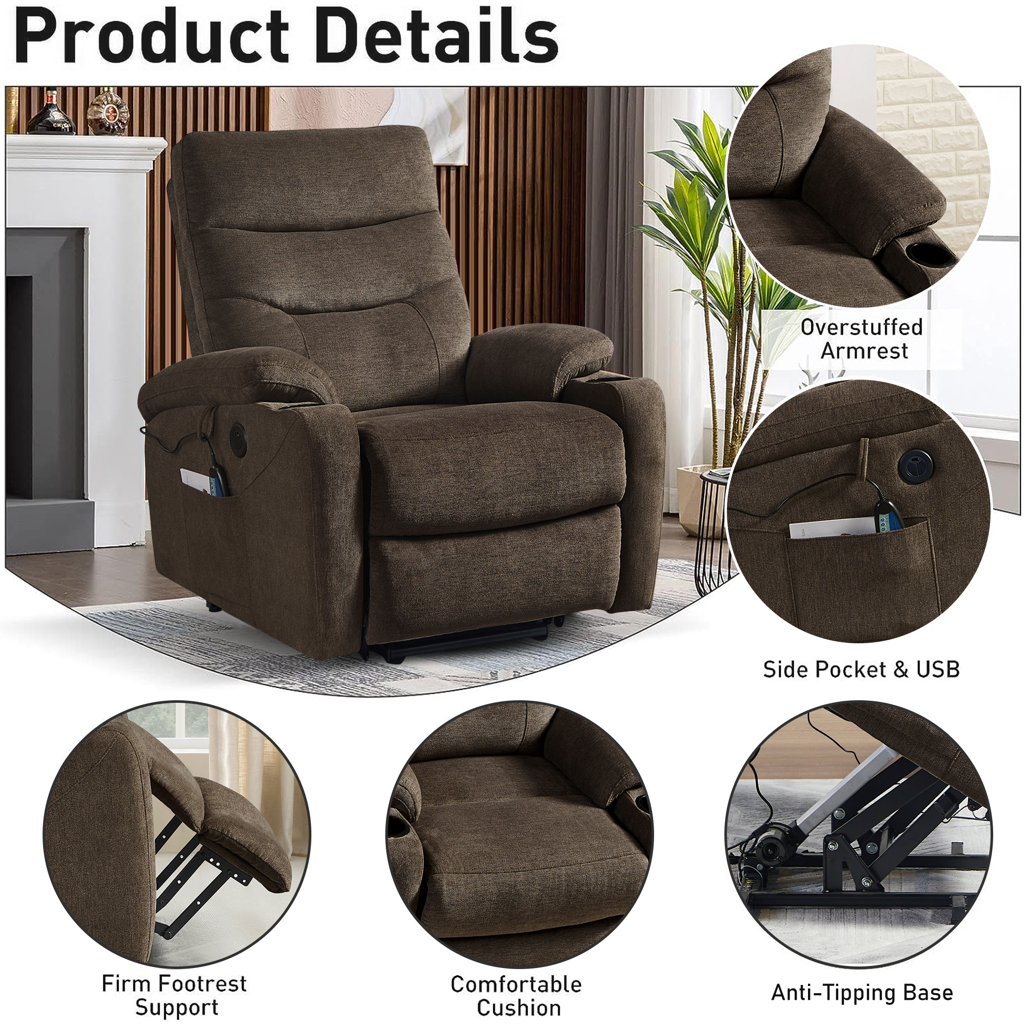 Aukfa Electric Power Lift Recliner Chair with Massage and Heat, USB Ports, 2 Side Pockets, Cup Holders for Elderly, Dark Brown