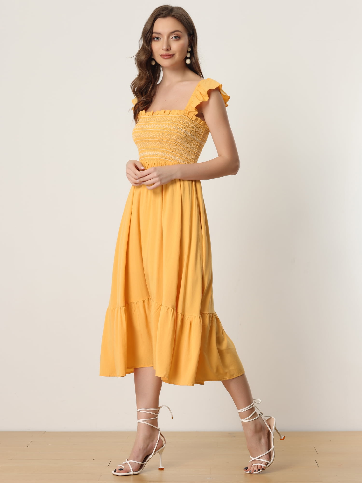 DARING DIVA Square Neck Boho Sleeveless Ruffle Tiered Smocked Sundress XL Yellow