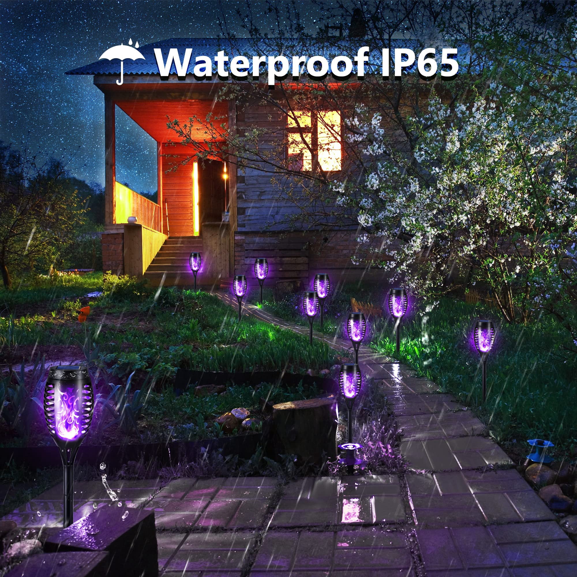 Toodour Solar Halloween Lights Outdoor, 12 Pack LED Solar Torch Lights with Flickering Flame, Waterproof Halloween Decorations for Patio Garden Yard Pathway Landscape, Purple