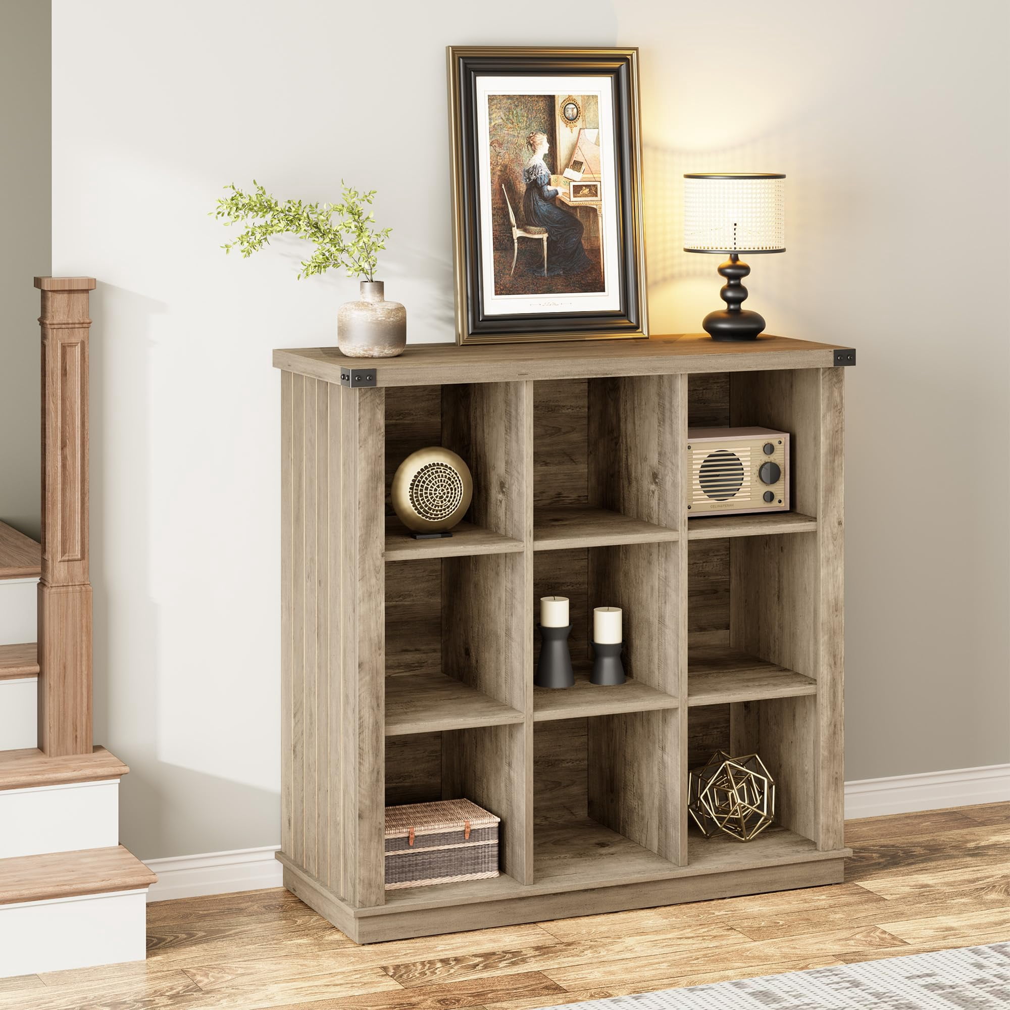 Ataucjin 9 Cube Storage Organizer Bookshelf, 4 Tier Farmhouse Horizontal Bookcase, 37.4 Inch Wood Storage Bookcase for Entryway, Long Low Bookshelves for Living Room