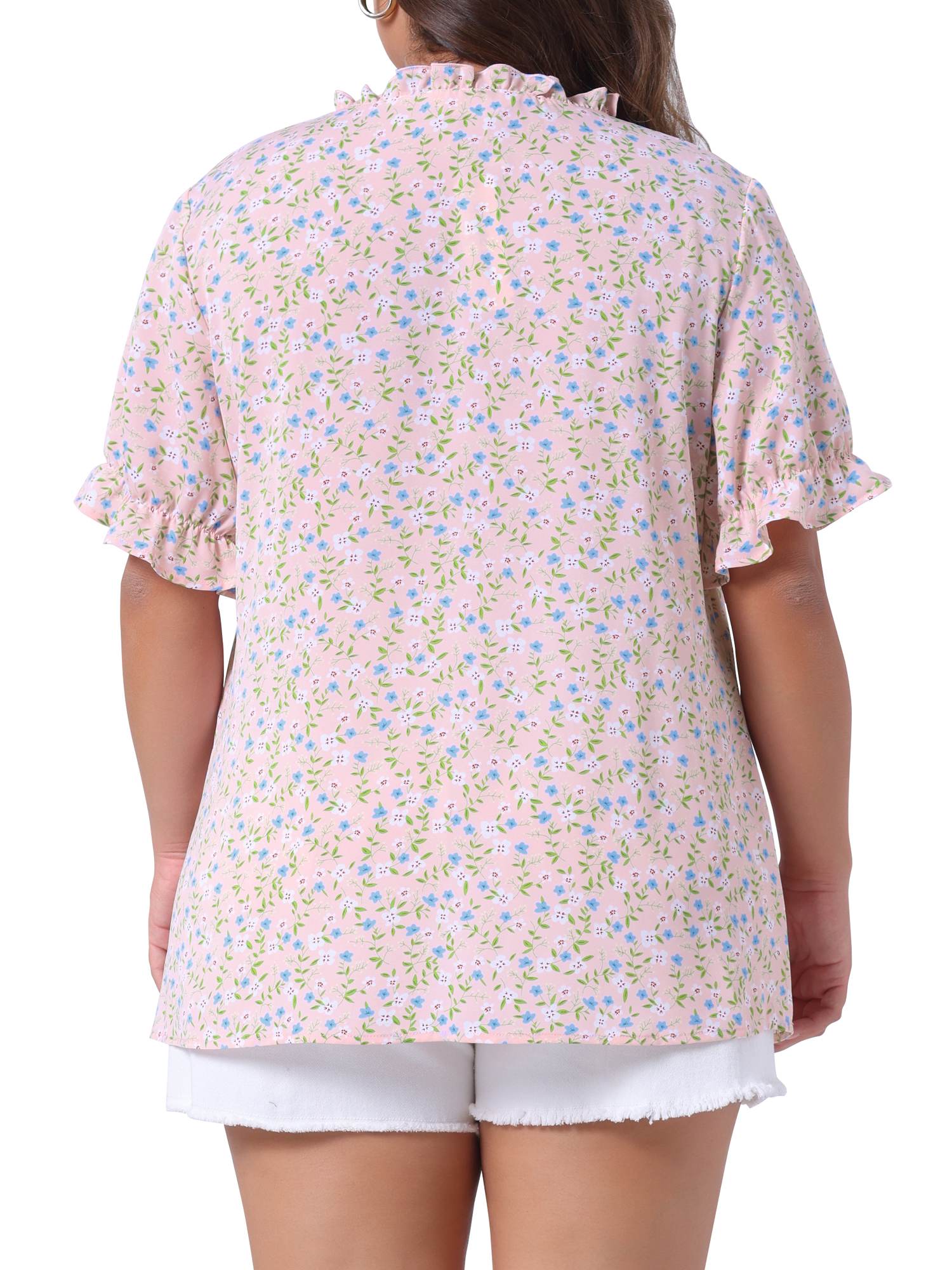 Women's Plus Summer Tops Floral V Neck Ruffle Puff Short Sleeve Casual Blouse Top 3X Pink