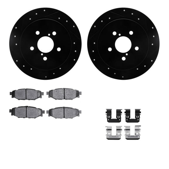 Dynamic Friction Company Rear Brake Rotors-Drilled and Slotted-Black with 5000 Advanced Brake Pads includes Hardware 8512-13026