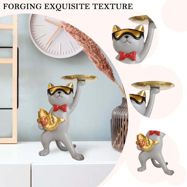 Estatuilla De Bandeja De Almacenamiento Para Gatos Figurita de gato de resina, regalo de vacaciones, bonita bandeja de gato, figuritas para porche, dormitorio Ndcxsfigh Libre de BPA