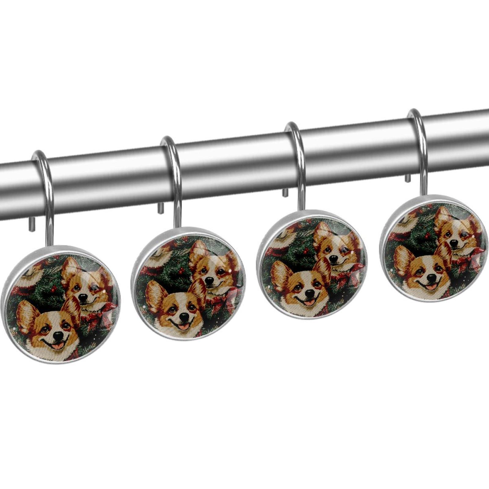 Red Bow Corgi Pine Leaf Shower Curtain Hooks Round Crystal Glass, Set of 12 Shower Curtain Rings - Shower Hooks for Curtain Shower Rings