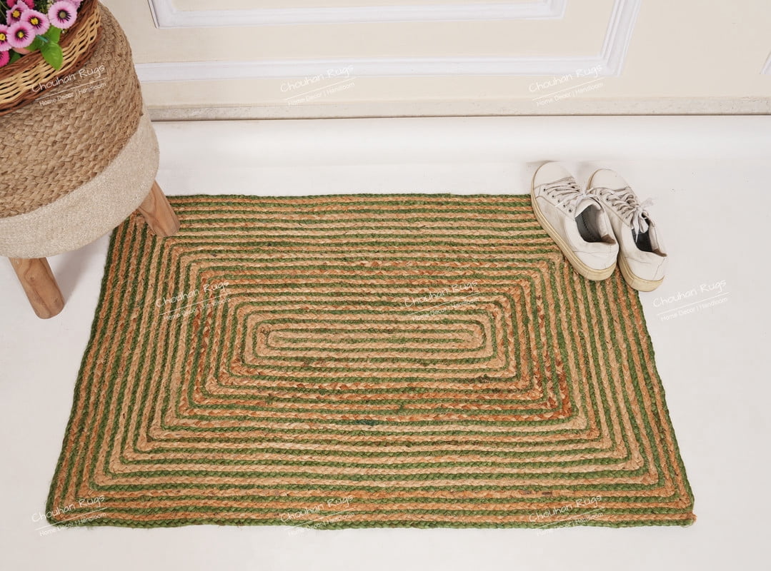 Rectangle Rug Natural Jute Rug Hand Braided Beige and Green Color Rounding Line Area Rug