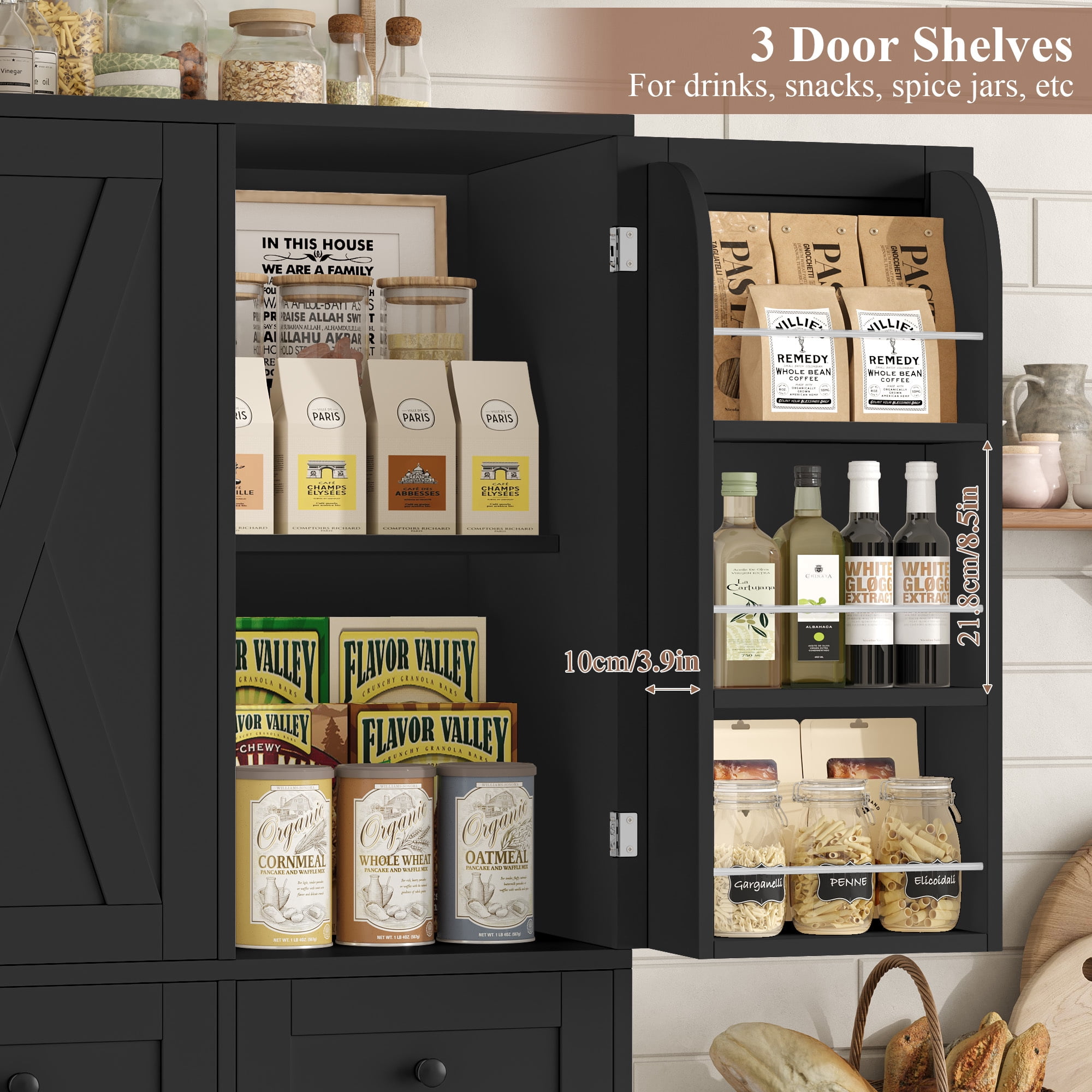 Hiphuta 67" Tall Farmhouse Kitchen Pantry Storage Cabinet with Door Shelves, 43" Wide Large Cupboard Hutch with 3 Drawers, Black