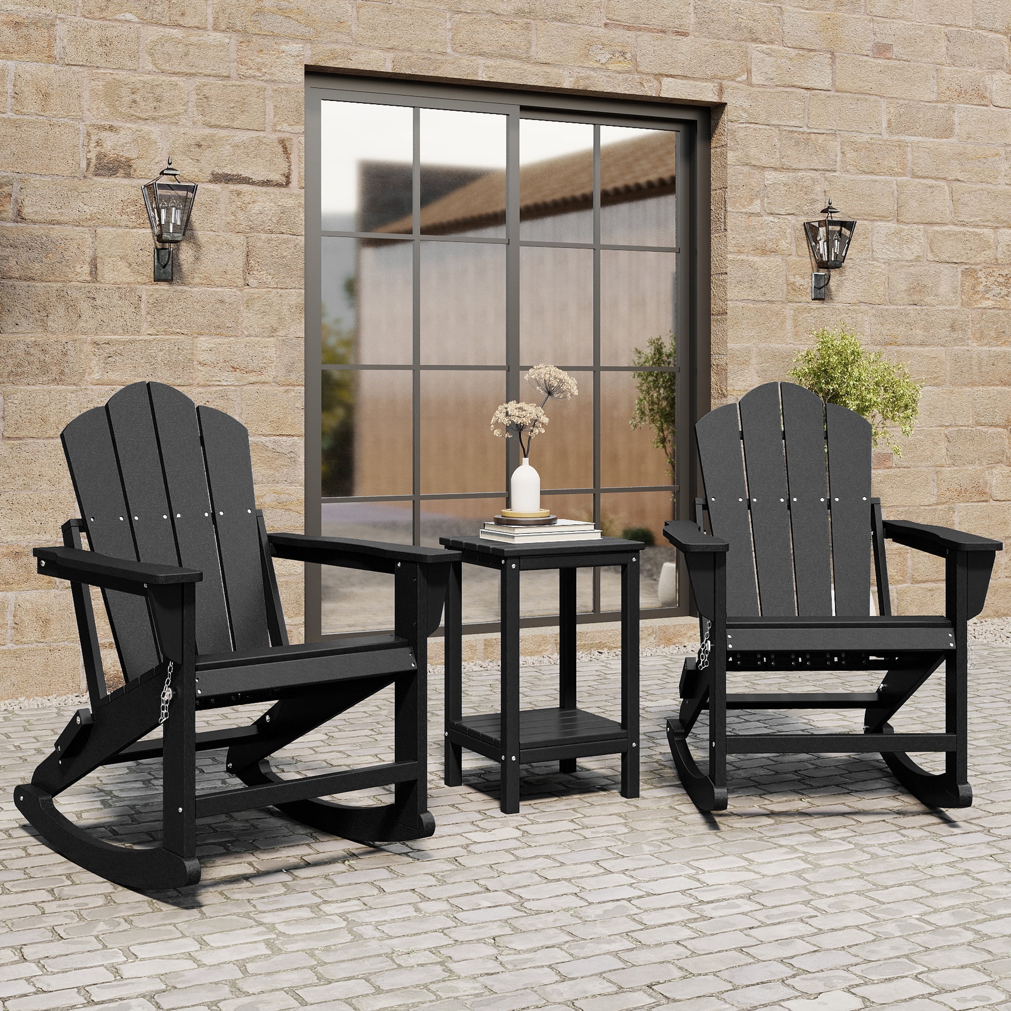FOOWIN Folding Rocking Adirondack Chair Set of 2, HDPE Plastic Rocking Chairs for Patio Porch Rocker Chair, Black