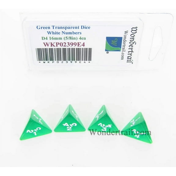 Green Transparent Dice with White Numbers D4 16mm (5/8in) Pack of 4 Wondertrail