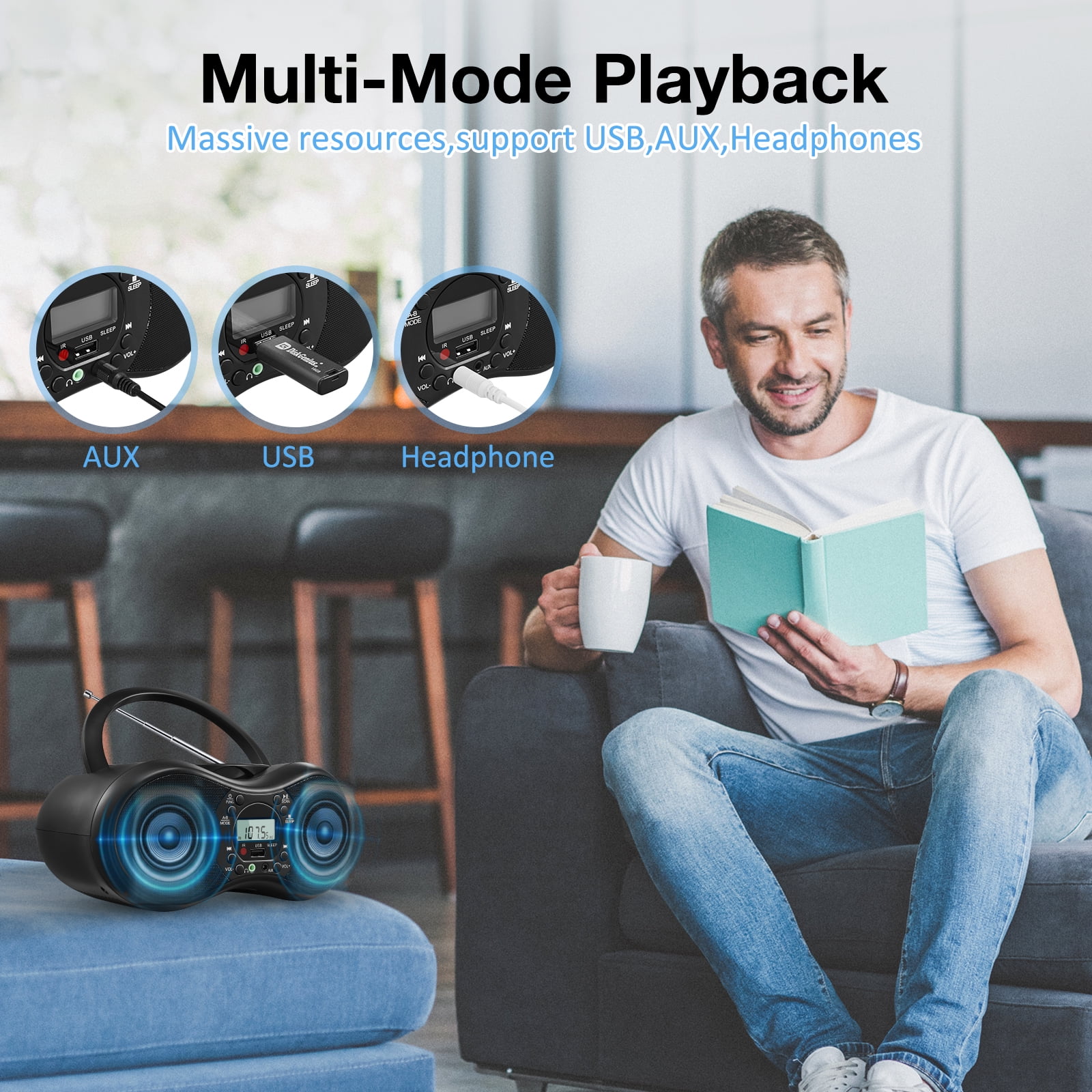 Portable CD Player Boombox with FM Radio, Bluetooth, and USB Port ,Stereo Sound with Remote Control,CD-R/RW and MP3 CDs Compatible,3.5mm Aux Input and Headphone Jack.