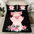 thumbnail image 2 of Manfei Kawaii Pig Twin Sheet Sets,Rustic Flower Floral Twin Fitted Sheet,Pink Black Flat Sheet For Kids Girl,Breathable Home Decor,3 Pieces, 2 of 7